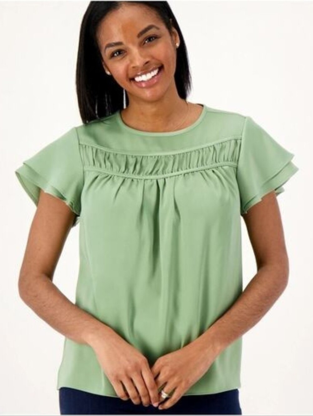 Candace Cameron Bure Women's Top Sz M with Ruffle Front Yoke Green A574865